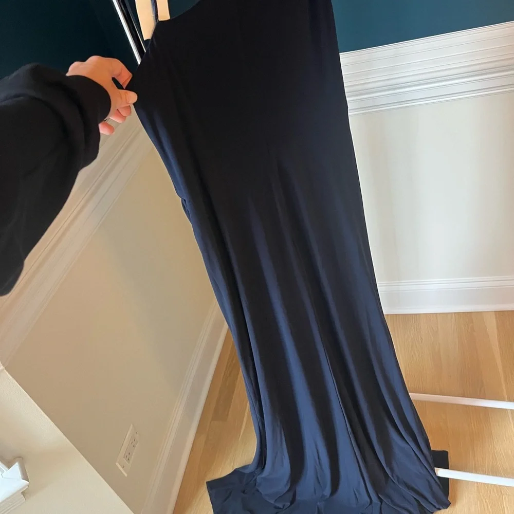 Mac Duggal One-Shoulder Draped Jersey Sheath Gown Navy - Picture 3 of 4